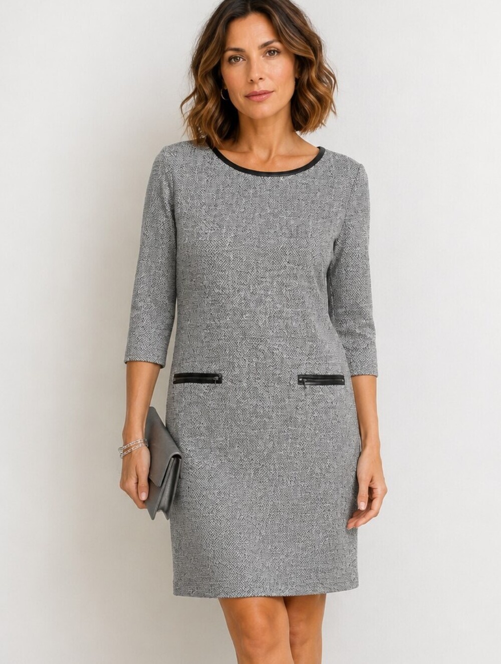 Ann Taylor Tweed Sheath Dress With Faux Leather Trum